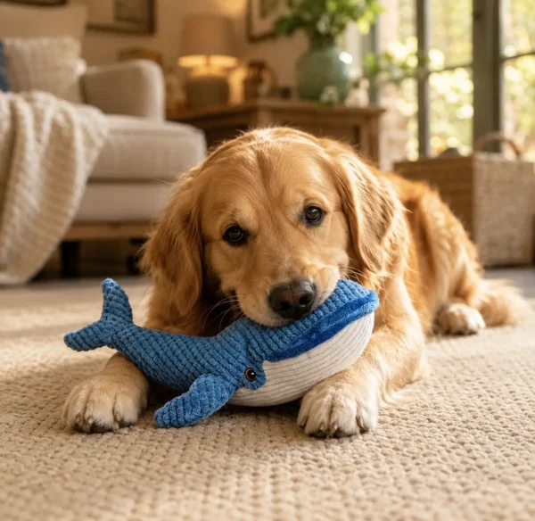 blue-whale-plush-squeaky-dog-toy Blue whale plush squeaky toy for dogs