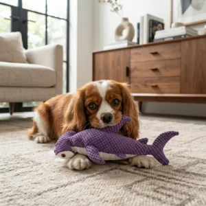 Purple shark squeaky plush dog toy
